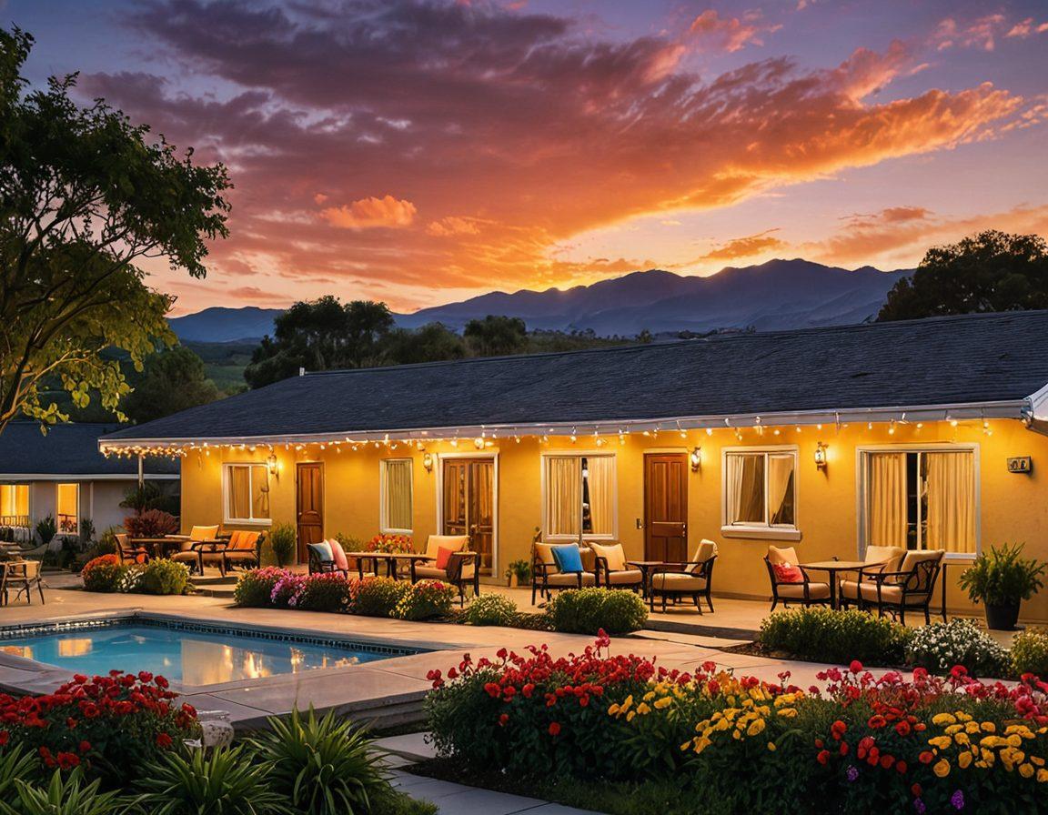 An inviting motel exterior bathed in warm sunset light, showcasing a cozy yet luxurious atmosphere. Add an outdoor seating area with plush cushions, flowers, and twinkling fairy lights. Include a diverse group of travelers engaging in laughter and relaxation, emphasizing comfort and luxury. The background features a serene landscape to evoke a sense of adventure. vibrant colors. super-realistic. warm tones.