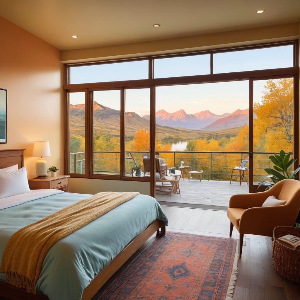 A cozy, inviting motel room with a scenic view of nature outside, featuring warm lighting and relaxing decor. Nearby, an adventure site with hiking trails and water activities, representing both relaxation and adventure. Include a friendly family enjoying their stay and packing for an outdoor trip. Soft pastel colors and a hint of sunset in the background. super-realistic. vibrant colors.